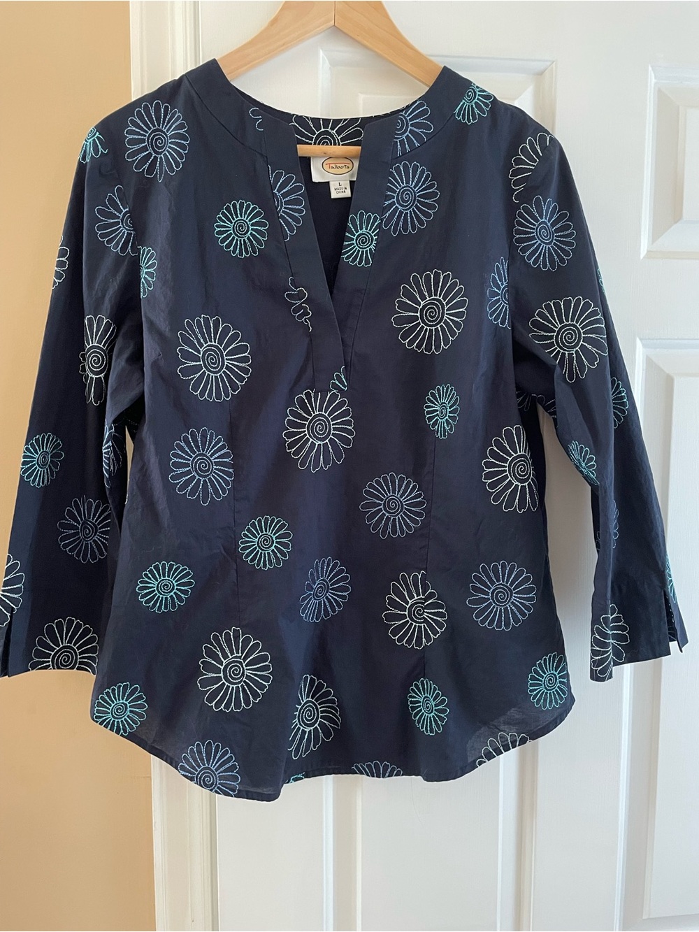 Talbots 3/4-sleeve Fitted Tunic Embroidered Cotton Top Large